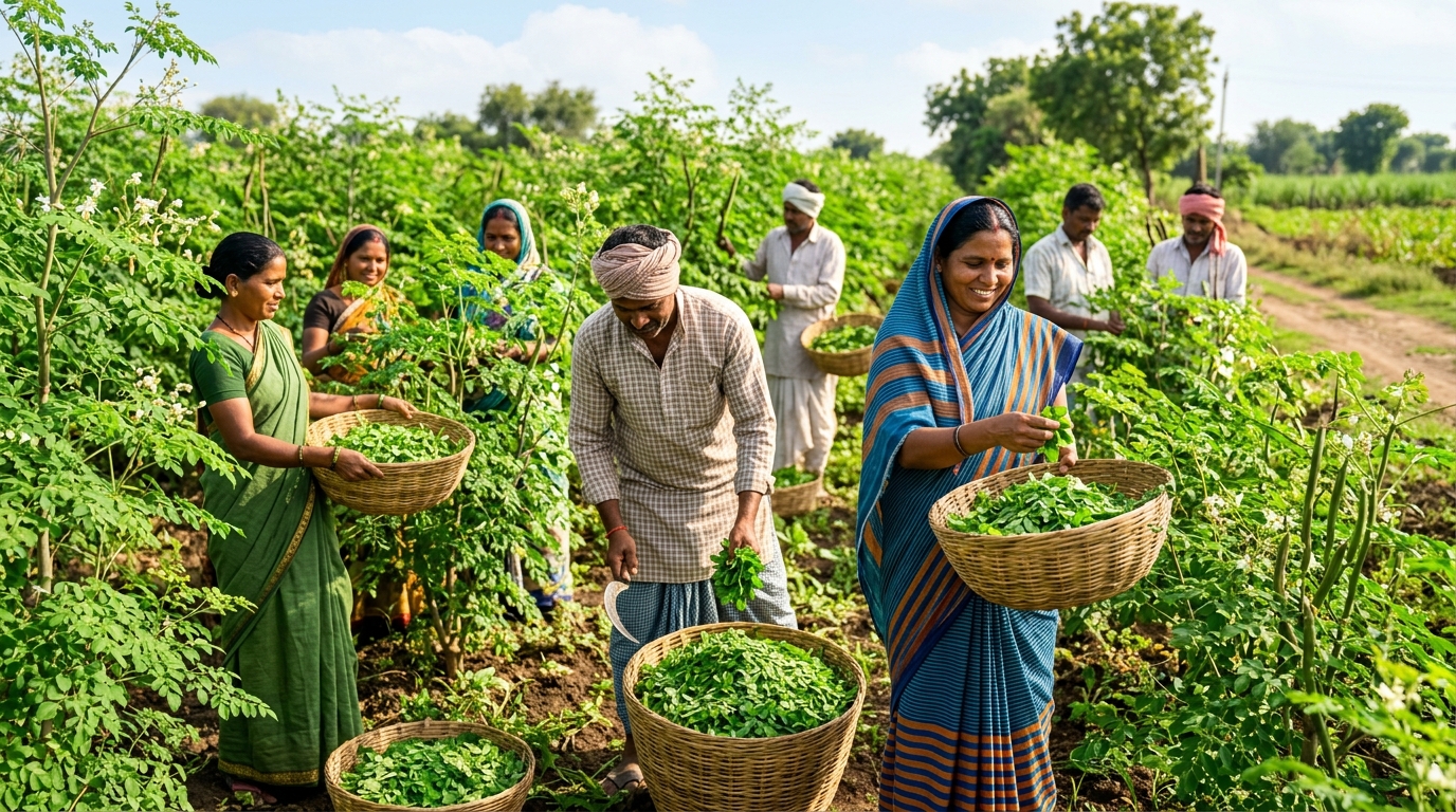 Indian Farmers Gathering Fresh Moringa Leaves in Drumstick Grove